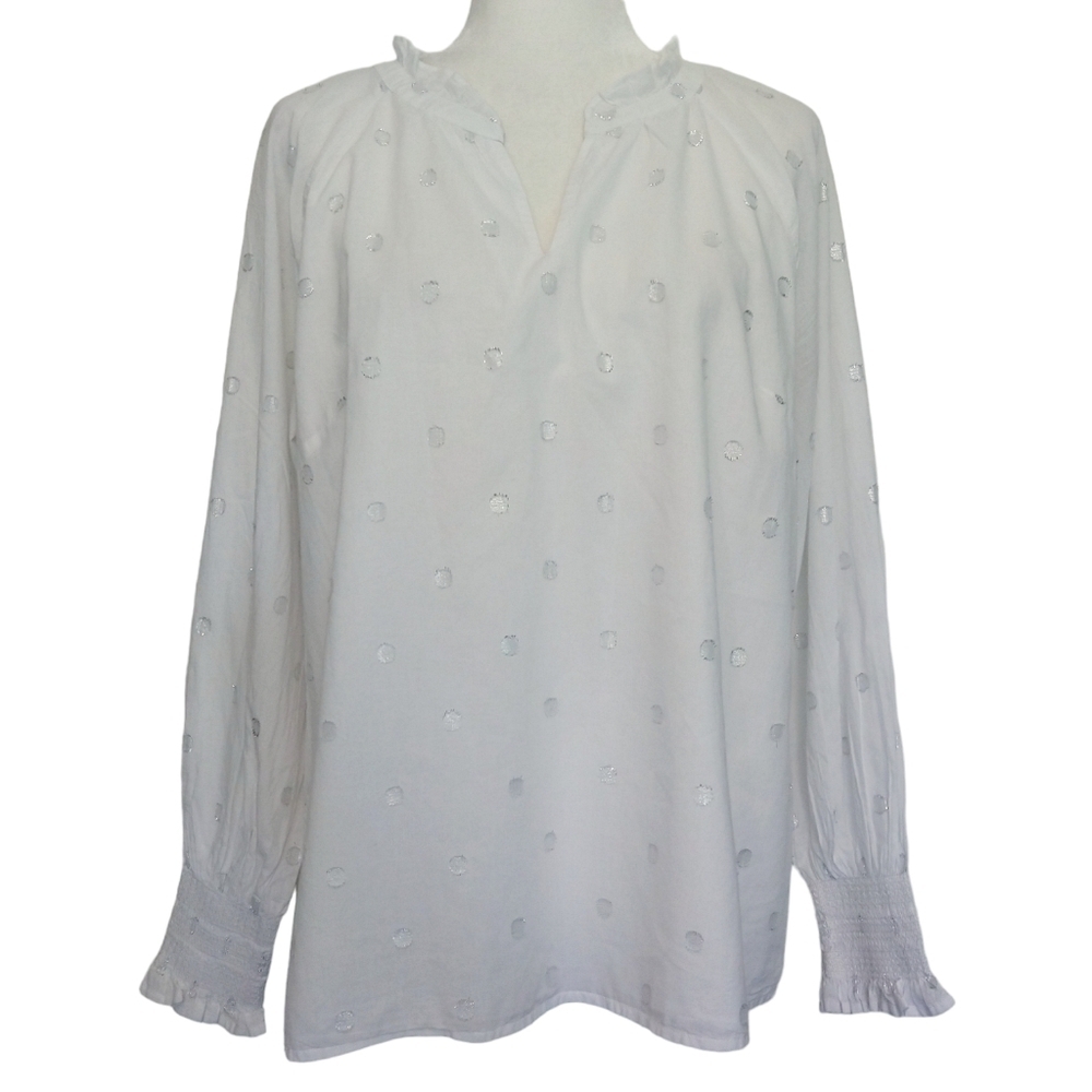 Talbots White Silver Metallic Polka Dot Split Neck Blouse Ruffle Collar